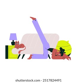 Yoga stretch pose performed by a woman at home while her cat lounges on the couch. Flat vector illustration representing relaxation, fitness, and mindfulness in a peaceful indoor setting.