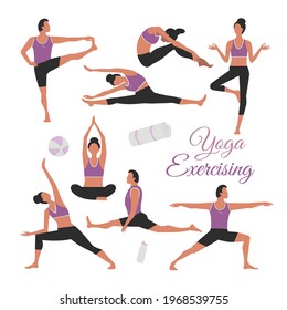 Estilos de yoga Ejerciendo conjunto de iconos vectoriales. Mujer apropiada, hombre haciendo ejercicios de estiramiento de fondo. Ilustración de caricatura sobre la flexibilidad del cuerpo de entrenamiento deportivo de yoga en interiores. Elemento de diseño de clase de fitness