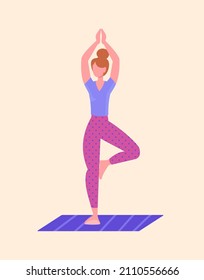 Yoga or stretching concept. Beautiful slender woman with mat engaged in sports and performs exercise. Female character does asana and leads active lifestyle. Cartoon flat vector illustration