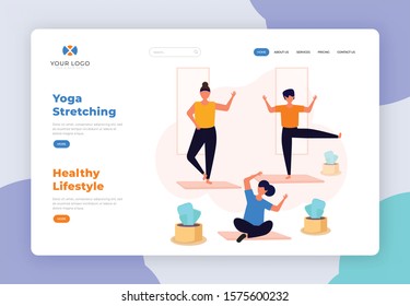 Yoga Stretching Landing Page Design. Healthy Lifestyle Concept Vector Illustration. Characters Doing Sports Activity, Fitness, Exercise, Healthy Lifestyle, Leisure. Easy Edit Web Site Page and Banner