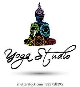 "Yoga Studio" with abstract sitting Buddha silhouette. Vector illustration