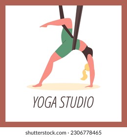 Yoga studio advertising poster, flat vector illustration. Woman in sportswear back stretching on hammock. Aerial yoga or pilates practice. Square banner for social media.