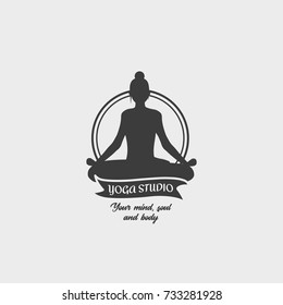 Yoga Studio Badge Template with a woman in a lotus position. Design Logo. This symbol can be used for social network and web advertising or brand promotion