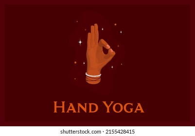 Yoga studio banner. Gyan mudra or chin mudra - gesture in yoga fingers. Hand yoga
