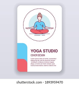 Yoga studio brochure template. Gymnastics cover design. Print design with linear illustration cartoon character on a white background.