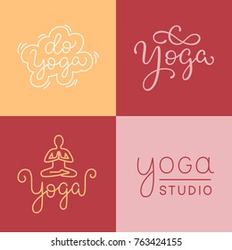 Yoga studio business concept logo. Do yoga stickers / logotypes / signs set.  Gym class lettering  /typography image. Hand drawn thin line calligraphic icons. Logo Type vector illustration. 