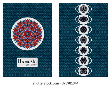 Yoga studio business template with chakra pictograms. Set of chakras used in Hinduism, Buddhism and Ayurveda. Elements for your design. Vector illustration.