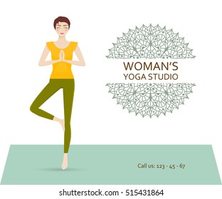 Yoga studio business template with chakra pictogram and attractive young girl practicing tree yoga pose. Vector illustration.