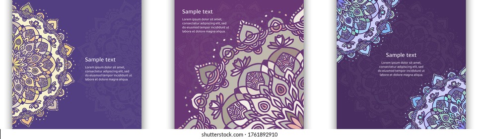 Yoga studio card design set. Colorful template for ornamental banner, ethnic greeting card, poster, book, poster. Vector illustration.