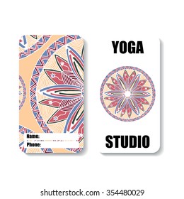 yoga Studio card with the image of a color mandala hand drawn in the style of zentangle and Doodle