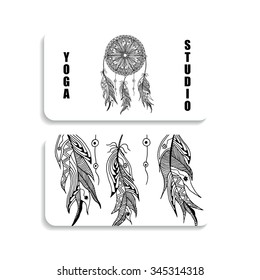 yoga Studio card with the image of a Dreamcatcher and feathers hand drawn in the style of zentangle and Doodle