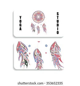 yoga Studio card with the image of a Dreamcatcher and feathers hand drawn in the style of zentangle and Doodle