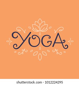 Yoga studio clas logo design. Yoga instructor emblem logotype. Oriental sacred lotus deocration for yoga studio. Decorative vector illustration. Spots class design logotype. Hand drawn elements