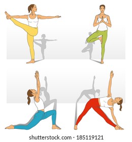 Yoga Studio. Yoga class. Set of yoga poses (girl in red, blue, yellow, green and white clothes). Vector yoga illustration. Women in recreation activities. Healthy lifestyle with yoga exercises.