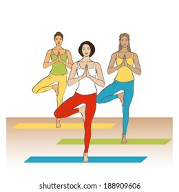 Yoga Studio. Yoga class. Women in yoga poses in yoga class. Girls in yoga poses in yoga studio. Vector yoga illustration.