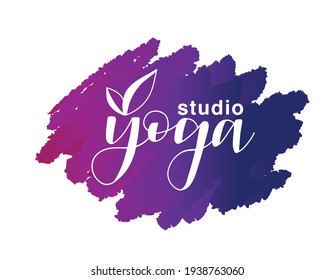 Yoga studio classes illustration with lettering text and white lotos leaves on the colorful textured background. For logo, banner, poster or advertisement template. 