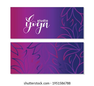 Yoga studio classes illustration with lettering text and white lotos leaves on the colorful background. For logo, banner, poster, flaye, membership card, advertisement template. 