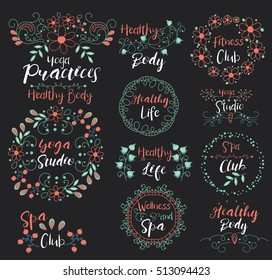 Yoga Studio.Spa Club.Healthy Body. Life.Fitness.Wellness.Insignias logotypes, badges, stickers, stamps, icons, frames, card design set. Doodle vector vintage elements.