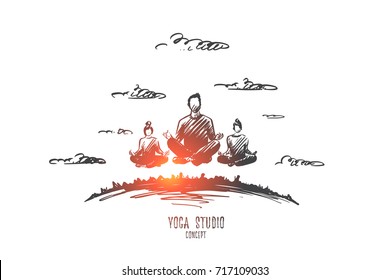 Yoga studio concept. Hand drawn people in a lotus pose. People practicing yoga isolated vector illustration.