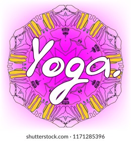 Yoga studio design template cover colorful gradient background. Hand drawn vintage style mandala design element. Alchemy, spirituality, occultism, textiles art. Vector illustration for shirt print.