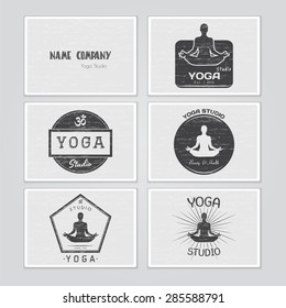Yoga studio, fitness and meditation class. Old retro vintage grunge. Scratched, damaged, dirty effect. Set of typographic labels, stickers, logos and badges. Flat vector illustration