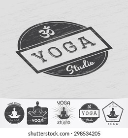 Yoga studio, fitness and meditation class. Health and beauty. Sports and self-development. Old retro vintage grunge. Monochrome typographic labels, stickers, logos and badges. Flat vector illustration