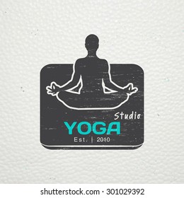 Yoga studio, fitness and meditation class. Health and beauty. Sports and self-development. Old retro vintage grunge. Typographic labels, stickers, logos and badges. Flat vector illustration
