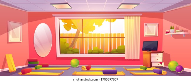 Yoga studio at home, empty gym room with mats, bearing blocks and balls props on floor. Domestic interior with sports fitness and pilates equipment front of wide window. Cartoon vector illustration