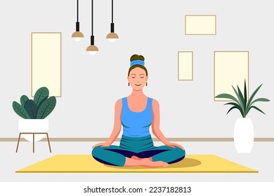 Yoga studio at home. woman sits in a meditation pose on a mat. Yoga classes at home. Interior of a modern apartment. Yoga concept.