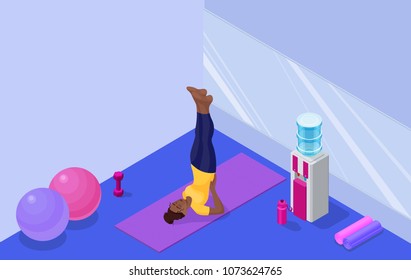 Yoga studio interior with african woman doing physical fitness exercise, isometric 3d vector illustration with sport training, relaxation and meditation