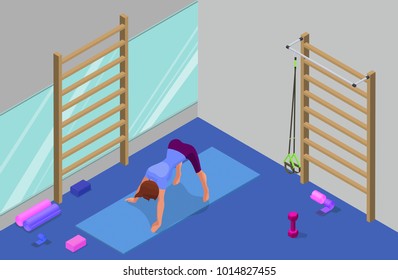 Yoga studio interior with woman doing physical fitness exercise, isometric 3d vector illustration with sport training, relaxation and meditation