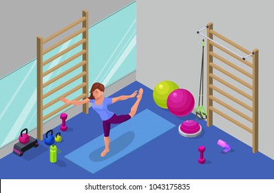 Yoga studio interior with woman doing physical fitness exercise, isometric 3d vector illustration with sport training, relaxation and meditation
