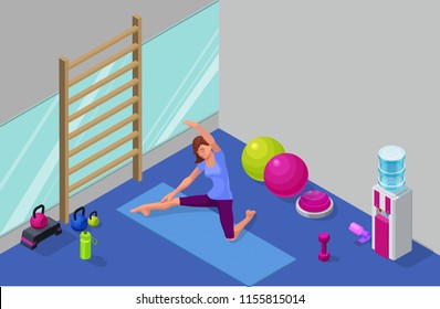 Yoga studio interior with woman doing physical fitness exercise, isometric 3d vector illustration with sport training, relaxation and meditation