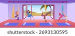 Yoga studio interior. Women practicing yoga on the hanging rope. Aerial pilates. Vector flat illustration. Room with panoramic window and mats. Gym hall, healthy lifestyle. Sport workout, gymnastic