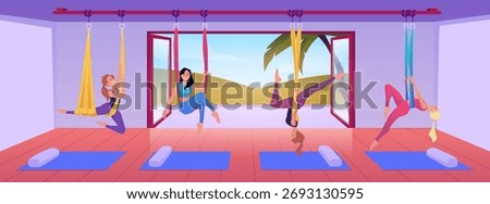 Yoga studio interior. Women practicing yoga on the hanging rope. Aerial pilates. Vector flat illustration. Room with panoramic window and mats. Gym hall, healthy lifestyle. Sport workout, gymnastic