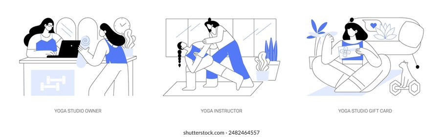 Yoga studio isolated cartoon vector illustrations set. Receptionist talking with client, small business owner, personal practice with instructor, customer get gift card vector cartoon.