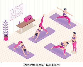 Yoga studio isometric background with group of female characters doing exercises with coach vector illustration