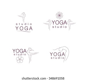 Yoga studio label, logo, badges vector template set. Yoga icon, emblem in line style. Graphic design elements in outline style.