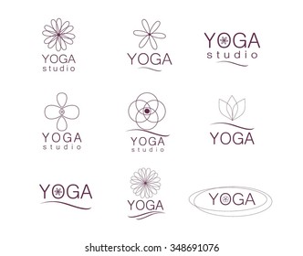 Yoga studio label, logo, badges vector template set. Graphic design elements in outline style.