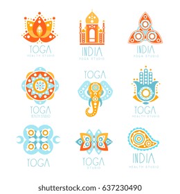 Yoga studio labels set, stylized famous spiritual Indian symbols, colorful vector Illustrations