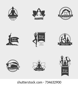 Yoga Studio Logo. Collection of yoga section badges.This monochrome symbol template can be used for social network and web advertising or brand promotion.