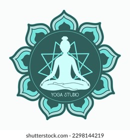 Yoga studio logo design. Mandala symbol and meditating person isolated on white.