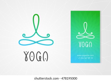 Yoga studio logo design template with man in lotus pose above the infinity sign. Modern colorful style business identity element.