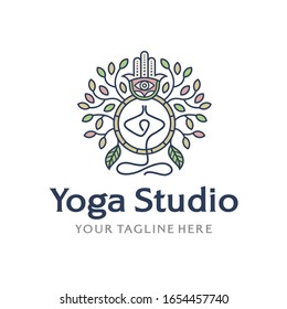 Yoga studio logo with dream catcher icon and hand symbol