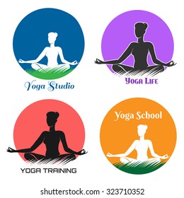 Yoga studio Logo or emblem set. Silhouette woman sitting on a grass and practicing yoga in various colors. Free font used. Isolated On white. 