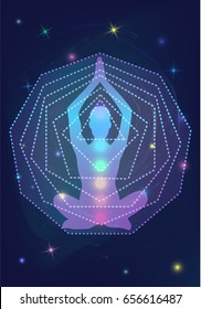 Yoga studio logo, Human silhouette meditating or doing yoga with rainbow lights of seven Chakras energy, shiny mystic galaxy background with glowing stars and mandala from the deep cosmic night space.