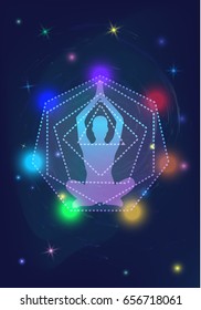 Yoga studio logo, human silhouette in meditating or yoga pose, sacred geometry pattern with lights of seven Chakras on shiny mystic galaxy background with glowing stars in deep cosmic night space.