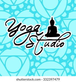 "Yoga Studio" logo / label / badge with sitting Buddha and isolated abstract seamless pattern. Vector illustration