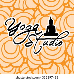 "Yoga Studio" logo / label / badge with sitting Buddha and isolated abstract seamless pattern. Vector illustration