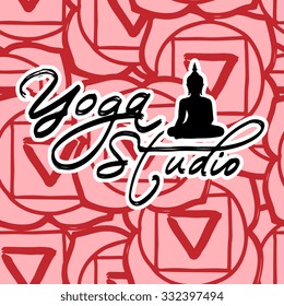 "Yoga Studio" logo / label / badge with sitting Buddha and isolated abstract seamless pattern. Vector illustration